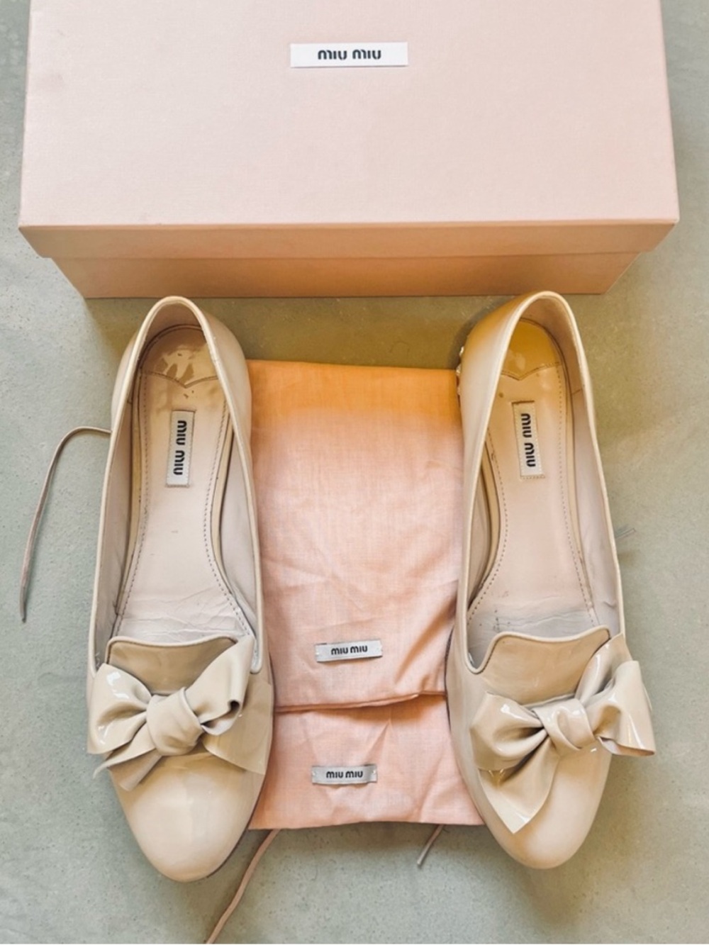 Miu Miu Tan Patent Bow Ballet Flats